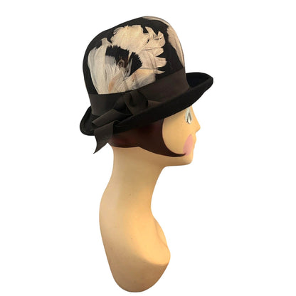 ONLY ONE!!! Vintage Neumann Endler Fair Field Black Wool Bowler Hat White Black Feathers