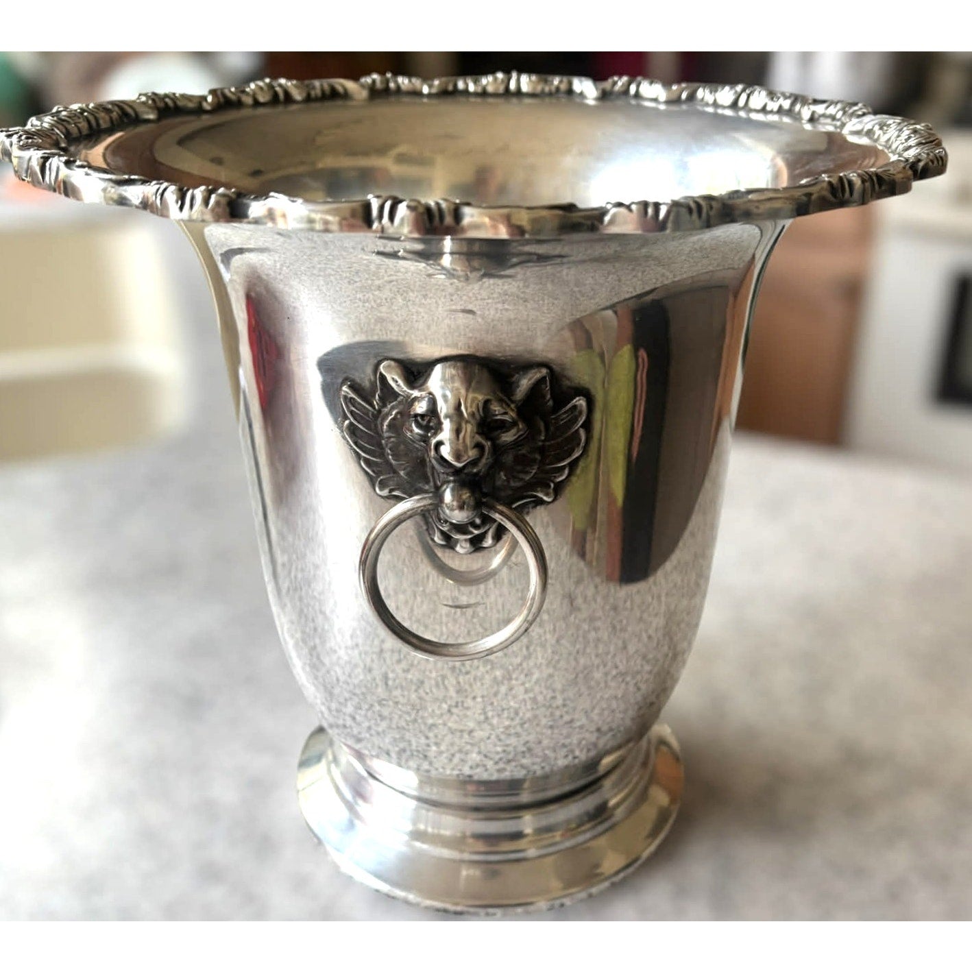 Vintage Poole Silver Plate Champagne Bucket with Lion Head Ring Handles
