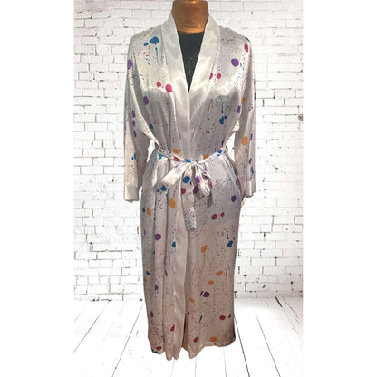 ONLY ONE!!! Vintage Intimate Affair Long White Satin Paint Splattered Robe ~ Size L