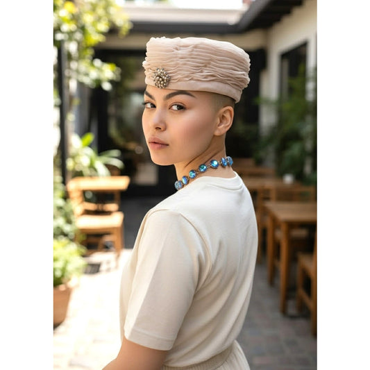 Mid-Century Ruched Chiffon Cocktail Hat with Pearl Brooch