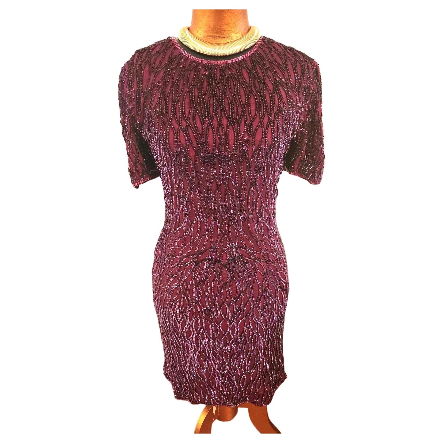 ONLY ONE!!! Vintage 1980s Sweelo Beaded Sequin Burgundy Dress ~ Size 8