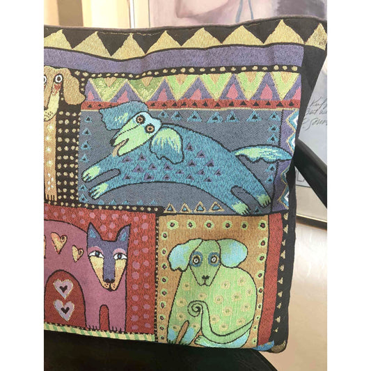 ONLY ONE!!! Vintage 1990s Laurel Burch Dog & Cat Colorful Pillow