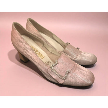 1960s Color Mate Pink & Silver Rhinestone Buckle Heels – Size 9 AA