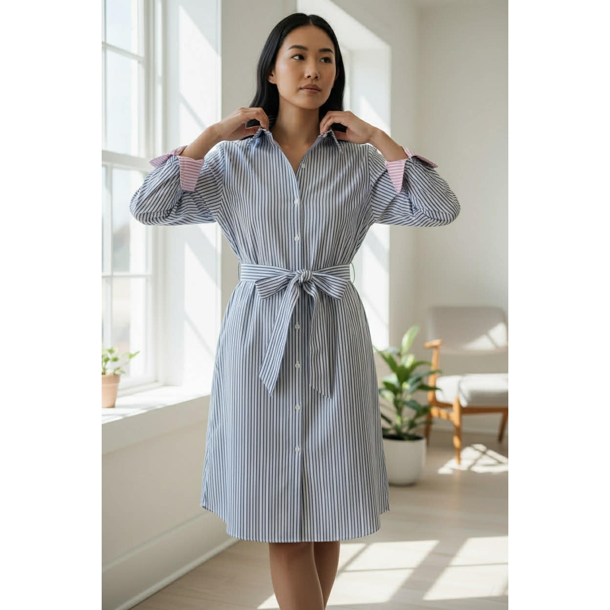 Brooks Brothers Blue Pinstripe Cotton Shirtdress with Contrast Cuffs