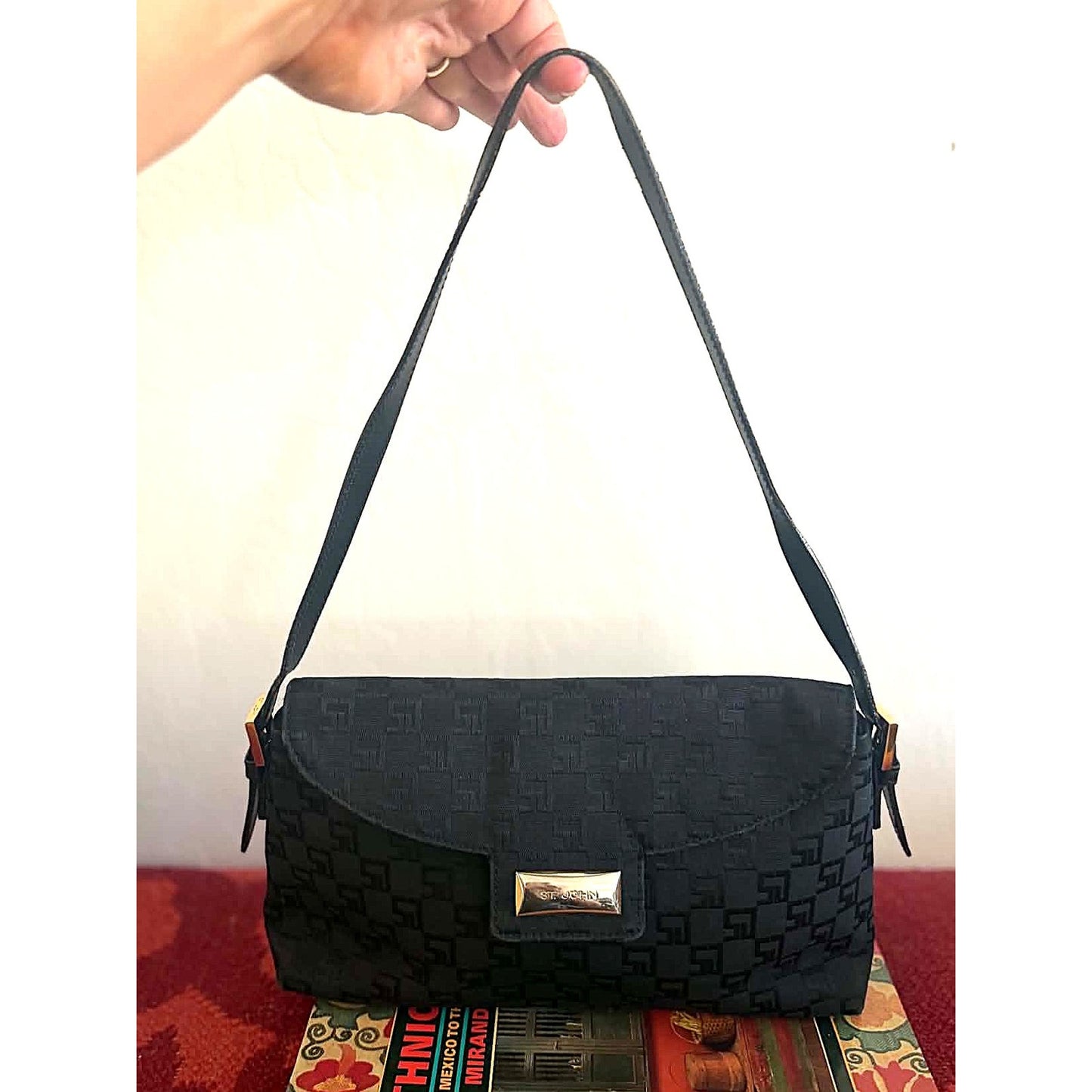 Vintage St. John Black Canvas & Leather Shoulder Bag Gold Hardware