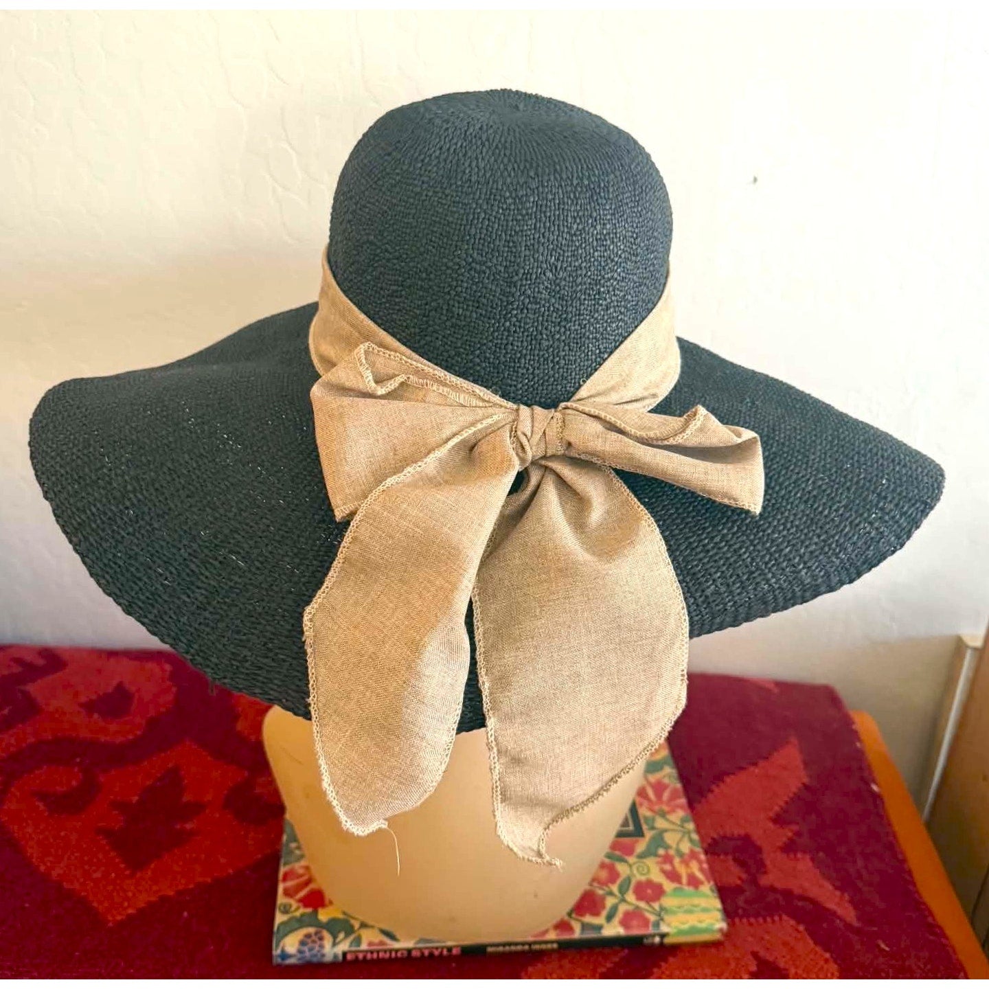 Scala Pronto Black Wide Brim Resort Sun Hat With Oversized Bow Detail
