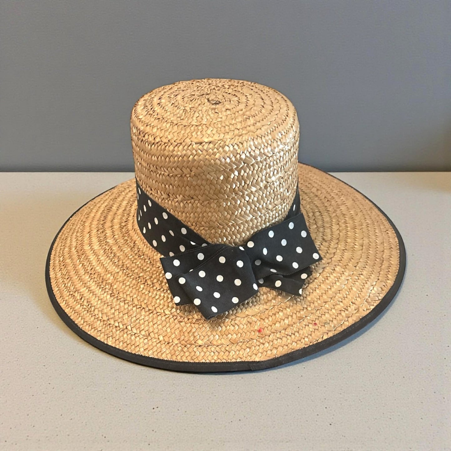 Vintage Eric Javits Straw Boater Hat | Bonwit Teller | Polka Dot Ribbon