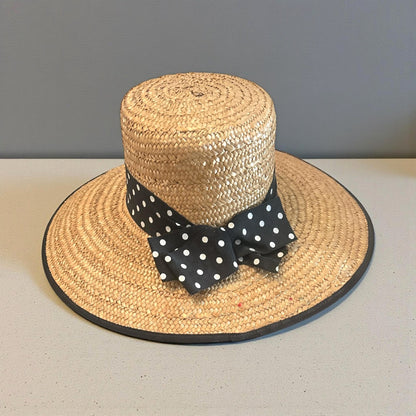 Vintage Eric Javits Straw Boater Hat | Bonwit Teller | Polka Dot Ribbon