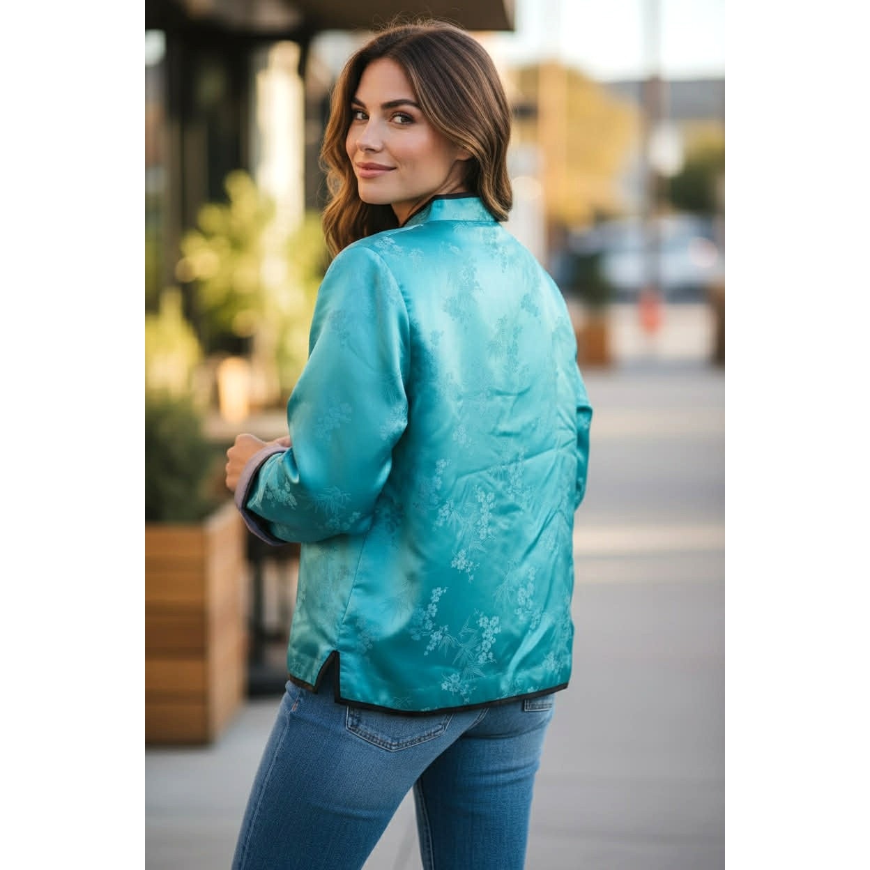 Vintage 1990s Turquoise Quilted Mandarin Jacket with Frog Closures | Size L