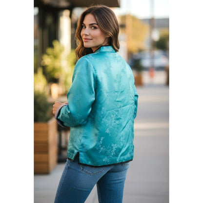 Vintage 1990s Turquoise Quilted Mandarin Jacket with Frog Closures | Size L