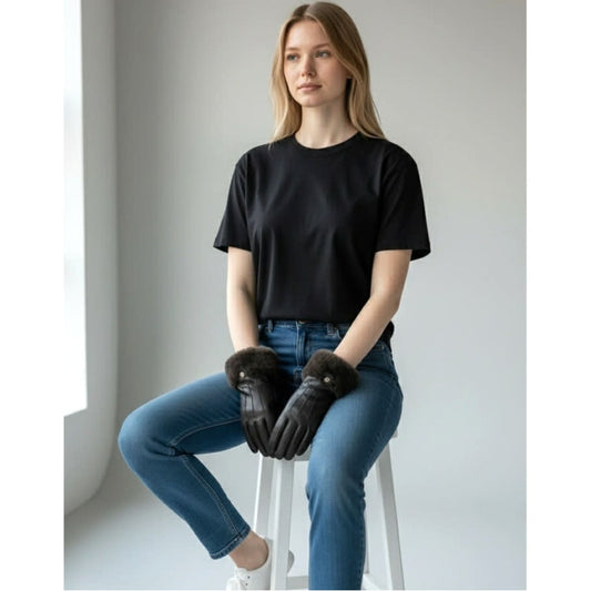 ONLY ONE!!! UGG Women's Leather Genuine Shearling Trim Tech Brown Driving Gloves ~ Size S