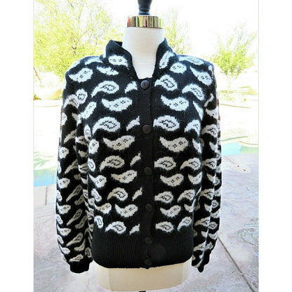 ONLY ONE!!! Vintage 1980s THE NOTEBOOK Black White Paisley Wool Angora Cardigan M/L