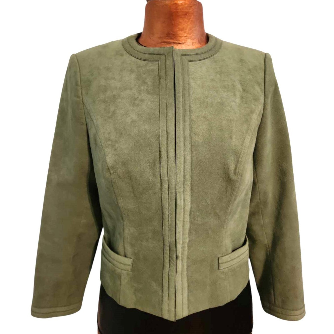 ONLY ONE!!! Vintage 1970s Moss Green Brushed Suede James Chen Skirt Suit Set ~ Size Small