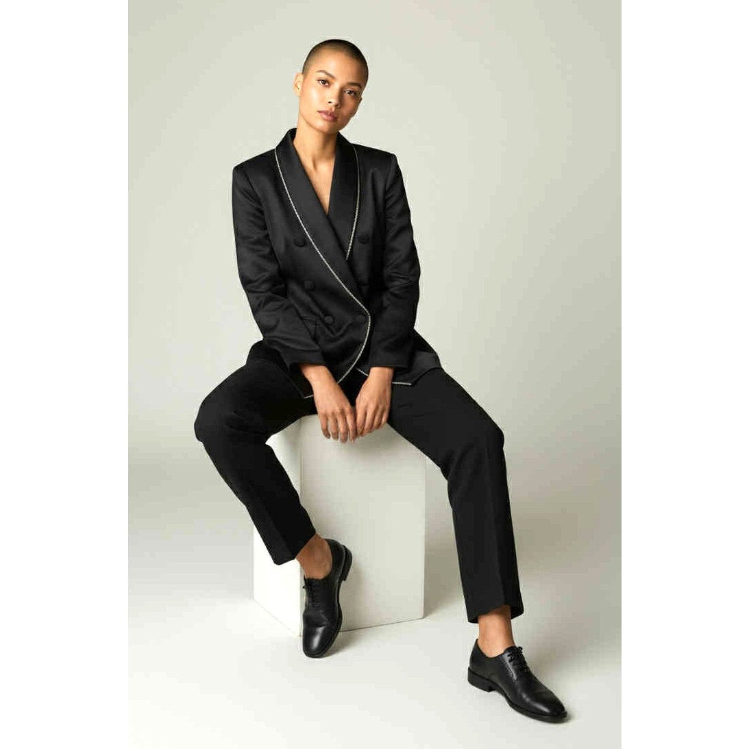 ONLY ONE!!! NWT $400 Jason Wu Satin Blazer Jacket Black Double Breasted Bling Trim ~ Size S