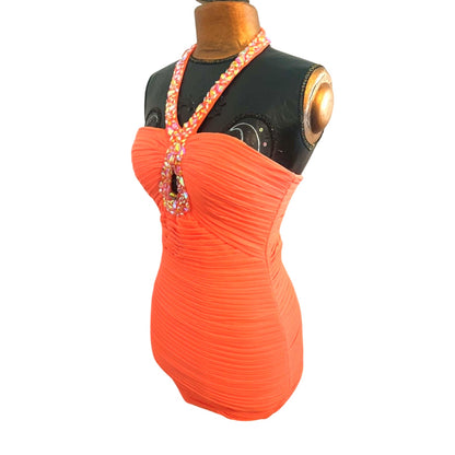 Jovani Neon Orange Ruched Bodycon Mini Dress | Beaded Halter Cocktail Dress