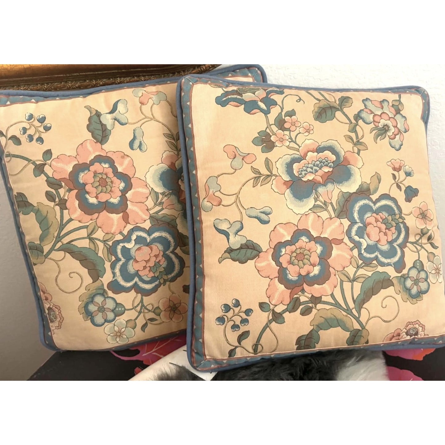 Vintage Floral Cotton Pillow Pair with Blue Suede Piping