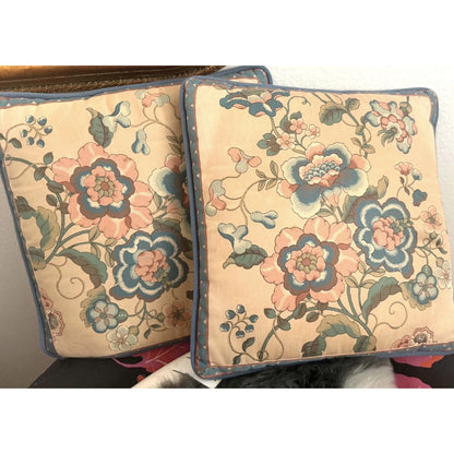 Vintage Floral Cotton Pillow Pair with Blue Suede Piping