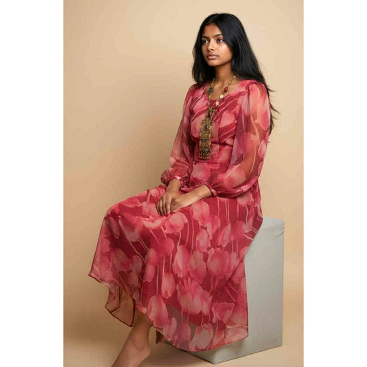 ONLY ONE!!! Vintage 1970s Floral Chiffon Maxi Dress Sheer Sleeves Boho Gown ~ Size XS