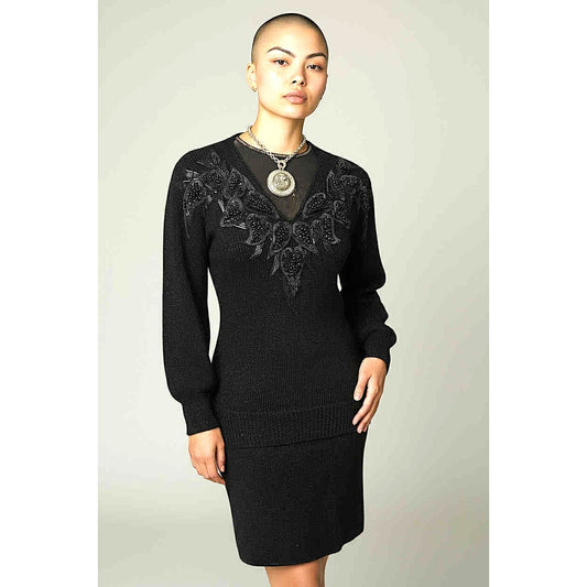 ONLY ONE!!! Vintage LIDO New York Black Knit Angora 2-Piece Sweater Skirt Set Outfit ~ Size S