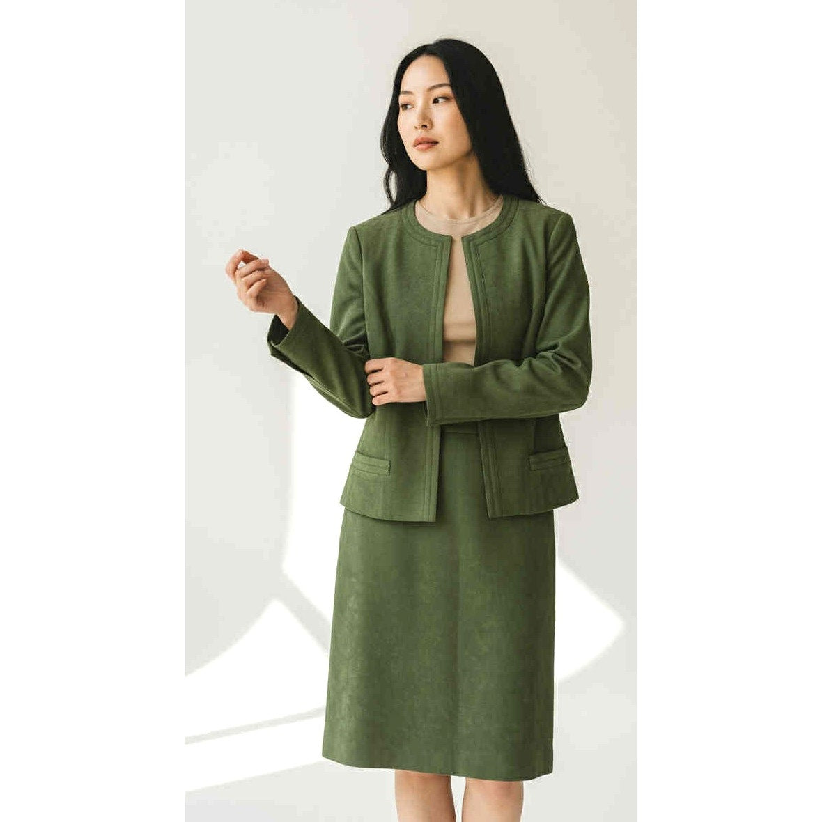 ONLY ONE!!! Vintage 1970s Moss Green Brushed Suede James Chen Skirt Suit Set ~ Size Small