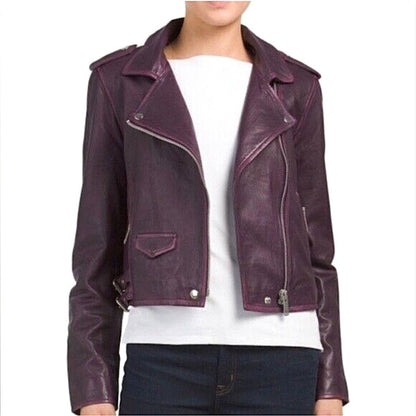 ONLY ONE!!! Amaryllis Distressed 100% Leather Moto Deep Jacket Purple Asymmetric Zip ~ Size S