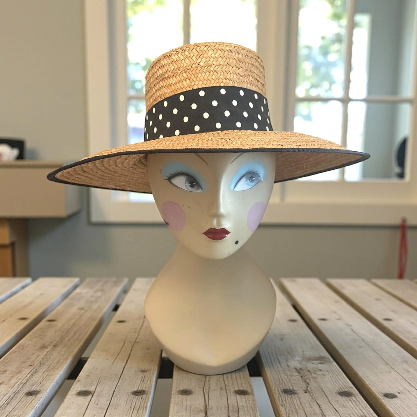 Vintage Eric Javits Straw Boater Hat | Bonwit Teller | Polka Dot Ribbon