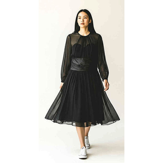 ONLY ONE!!! Vintage 1950s Black Chiffon Cocktail Dress – Sheer Illusion Bodice & Full Swing Skirt