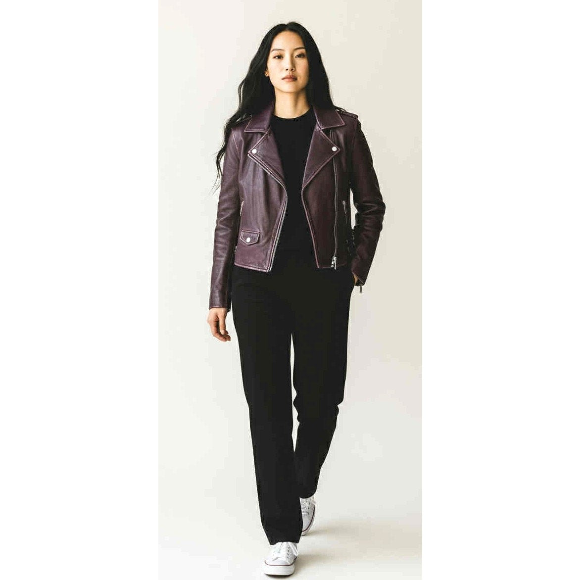 ONLY ONE!!! Amaryllis Distressed 100% Leather Moto Deep Jacket Purple Asymmetric Zip ~ Size S