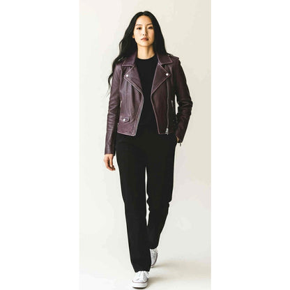 ONLY ONE!!! Amaryllis Distressed 100% Leather Moto Deep Jacket Purple Asymmetric Zip ~ Size S