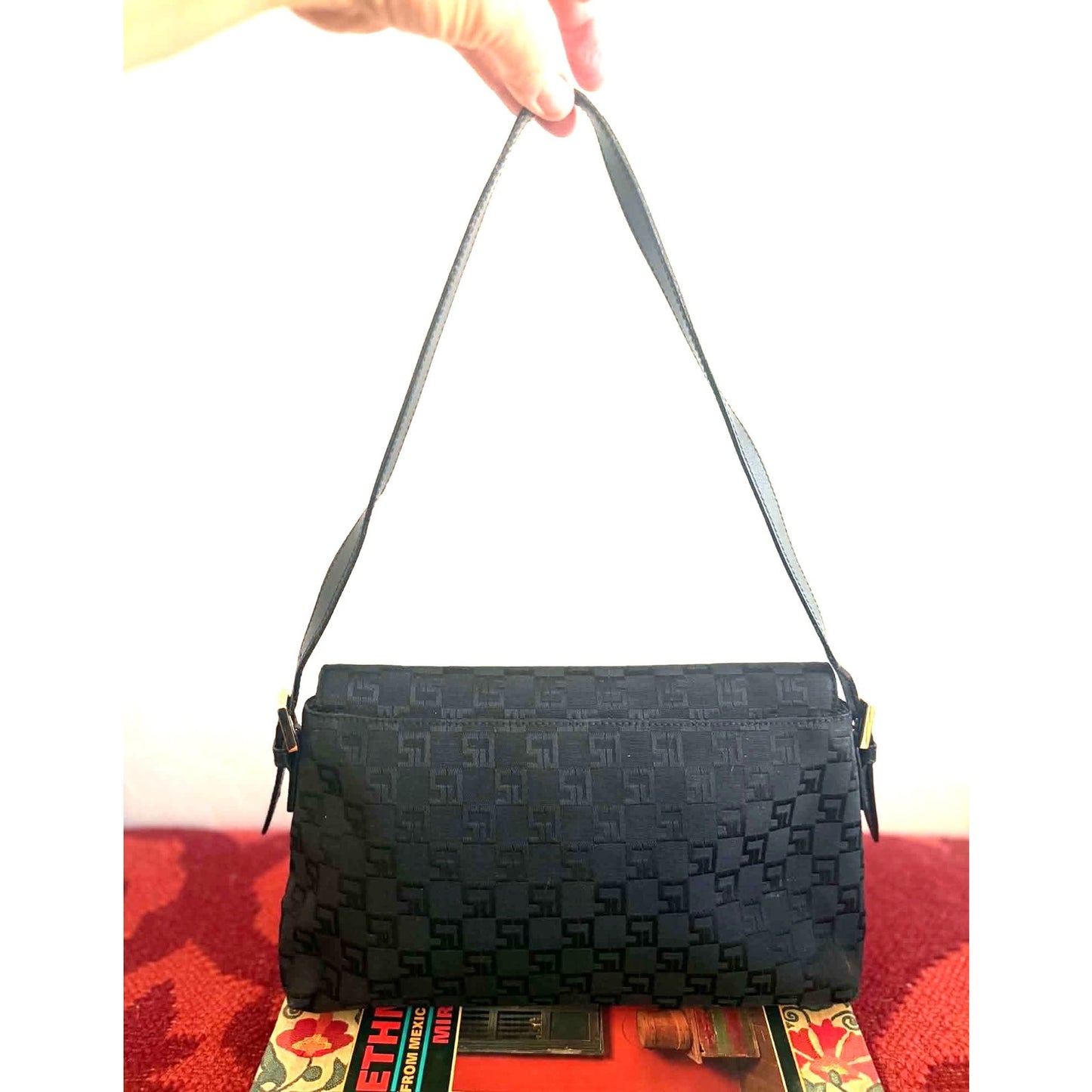 Vintage St. John Black Canvas & Leather Shoulder Bag Gold Hardware