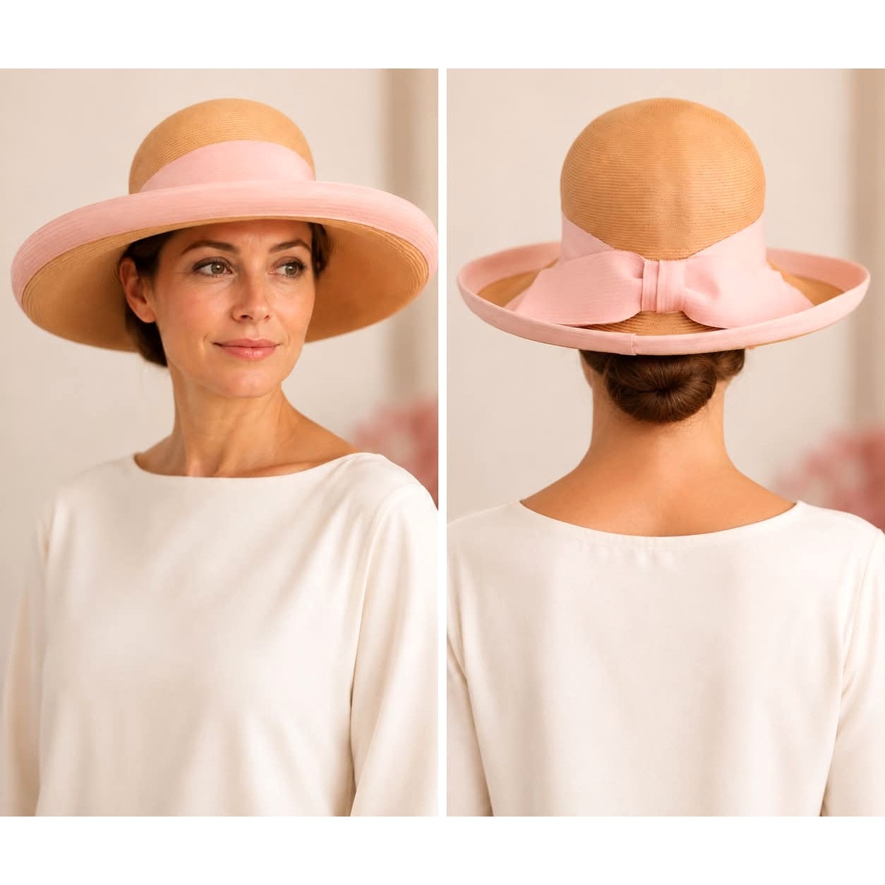 Vintage 1960s Wide Brim Straw Picture Hat with Blush Pink Bow