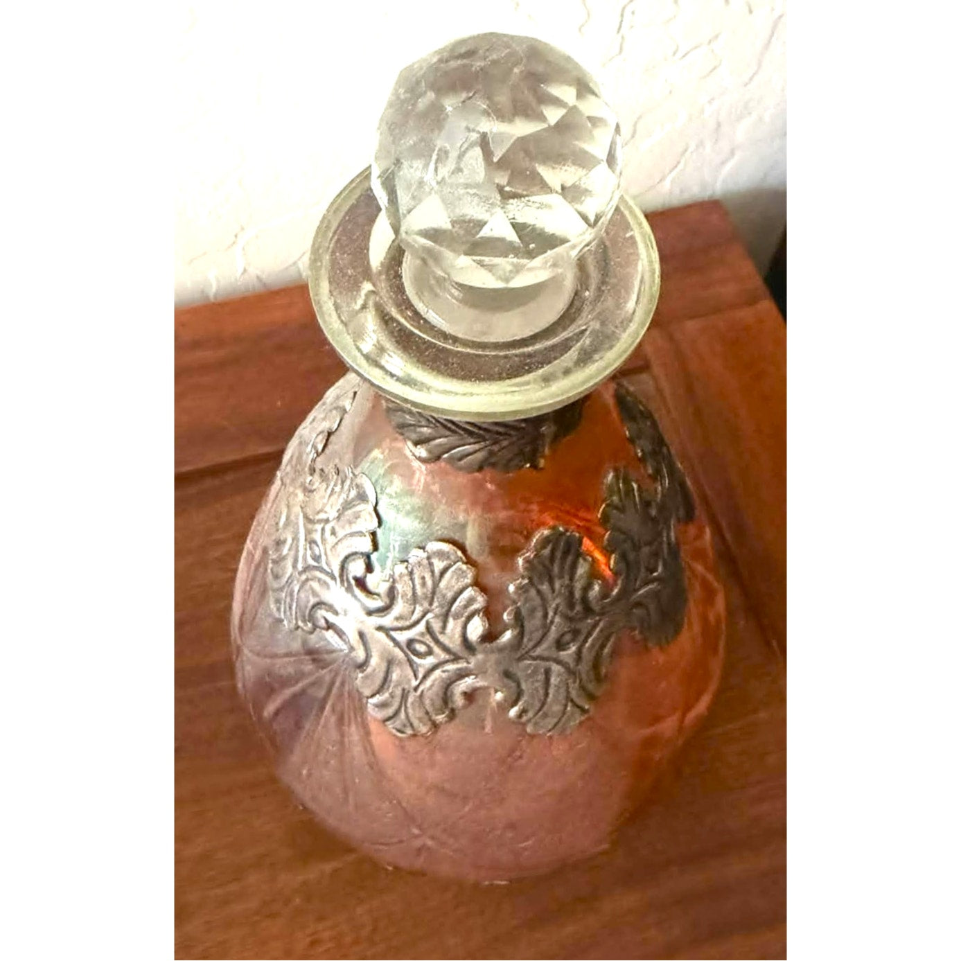 Vintage Iridescent Glass Decanter Silver Overlay
