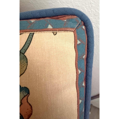 Vintage Floral Cotton Pillow Pair with Blue Suede Piping