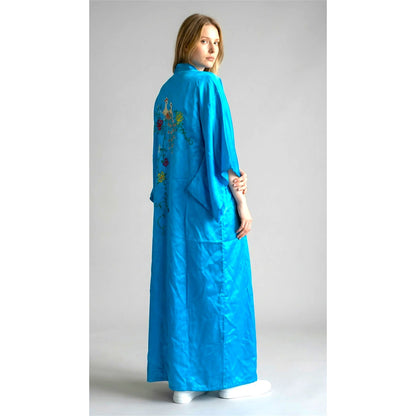 Vintage Blue Satin Embroidered  Kimono Robe