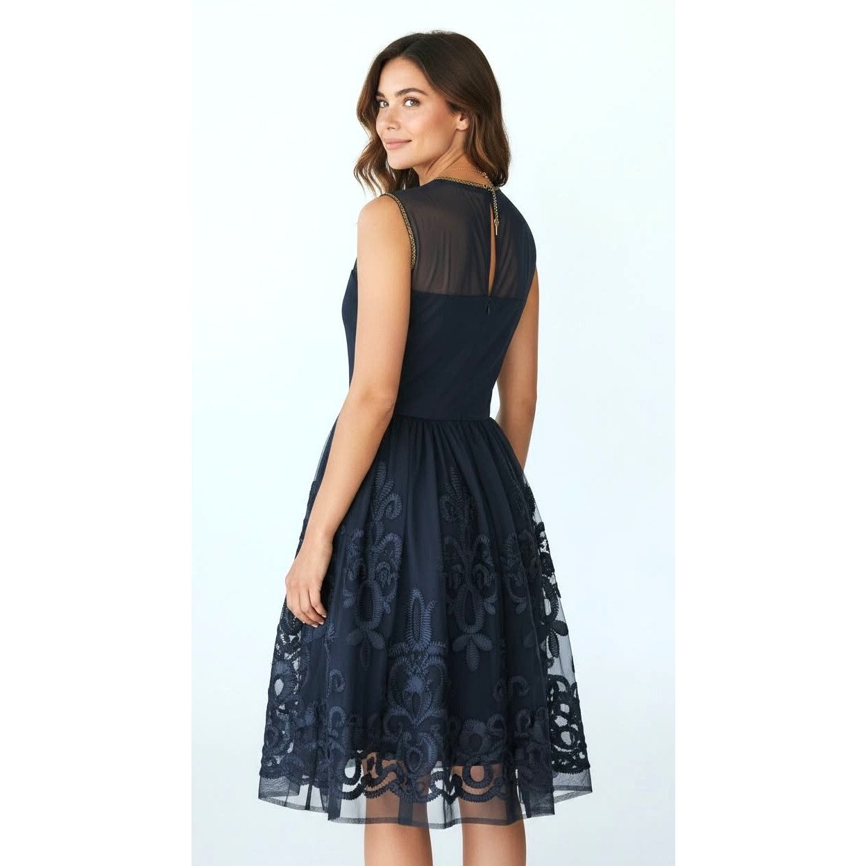 Belle Badgley Mischka Navy Lace Fit Flare Dress Size 6