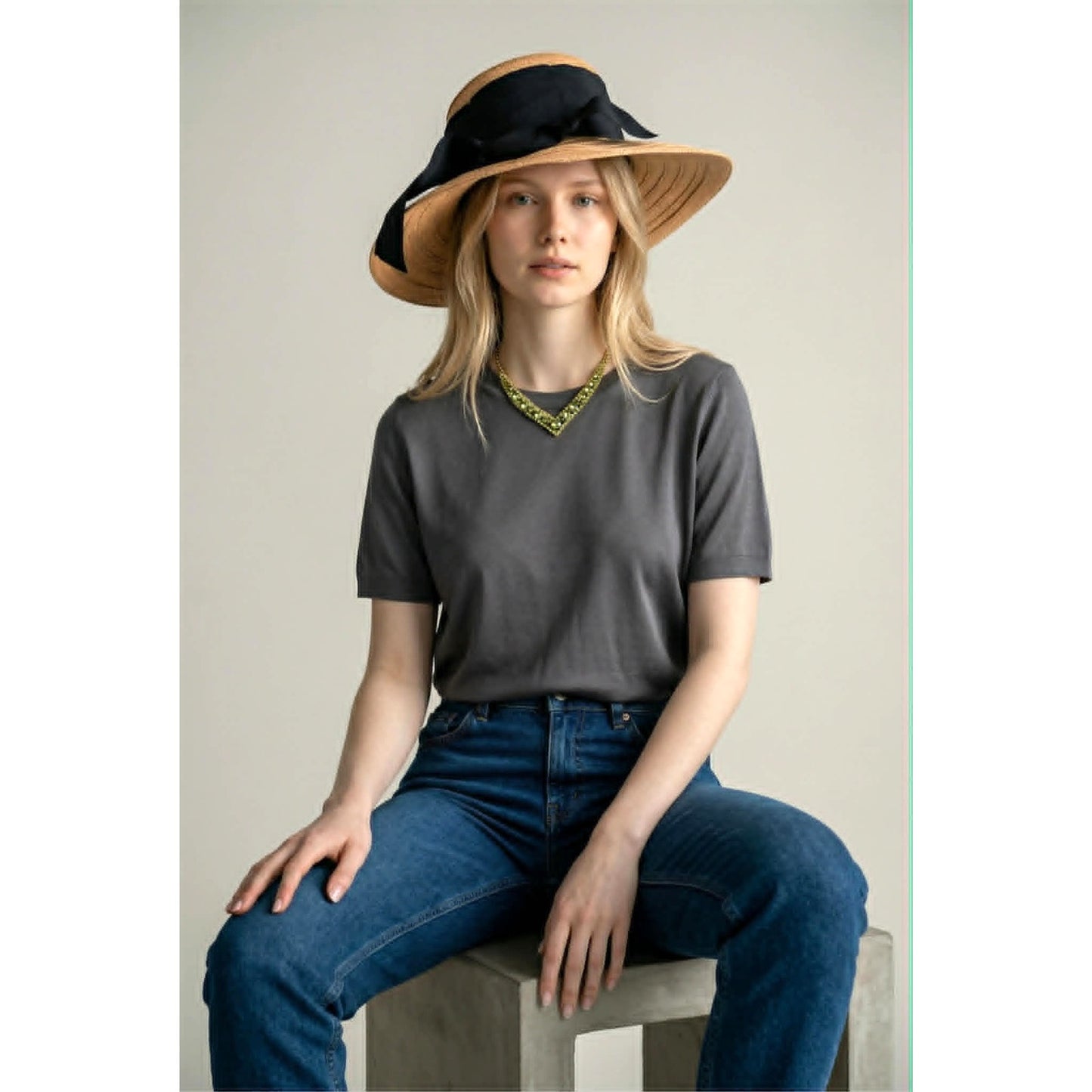 Four Buttons Straw Sun Hat Wide Brim