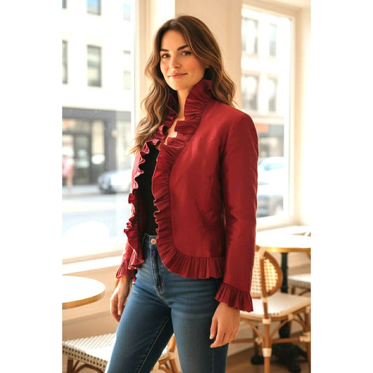 Lafayette 148 Silk Ruffle Jacket | Burgundy Made in NYC | Size 12