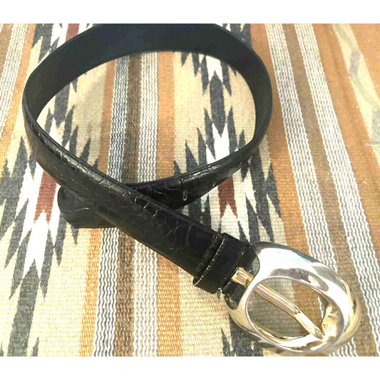 ONY ONE!!! Vintage Alligator Grain Leather Belt – Silver Buckle Classic Size S