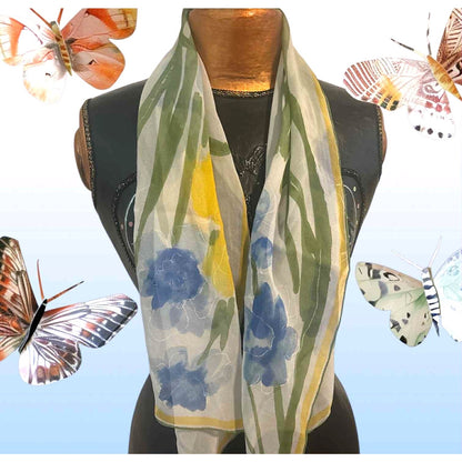 Vintage Vera Neumann Silk Chiffon Scarf Blue Floral Hand Rolled Japan Designer