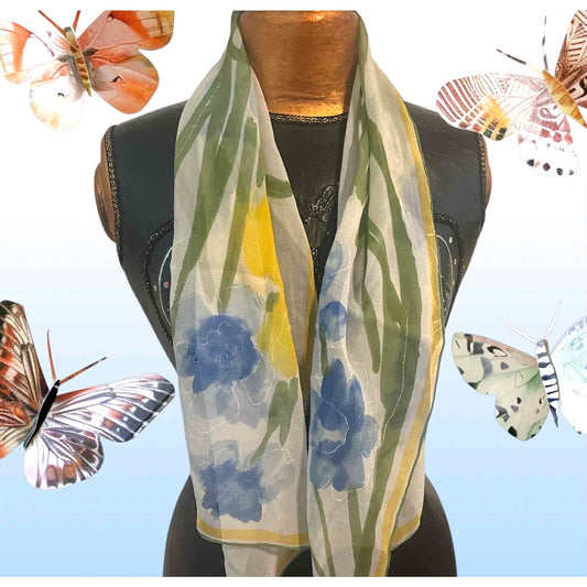 Vintage Vera Neumann Silk Chiffon Scarf Blue Floral Hand Rolled Japan Designer