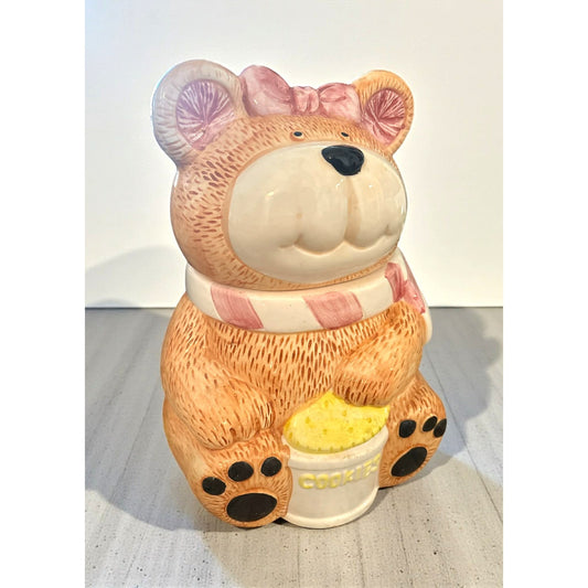 Vintage Cottage Bear Cookie Jar with Pink Bow | Made in Taiwan