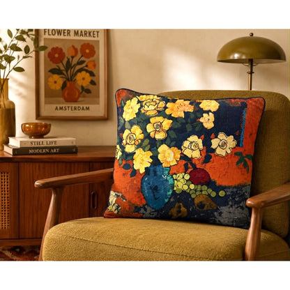 Vintage Signed Floral Tapestry Pillow