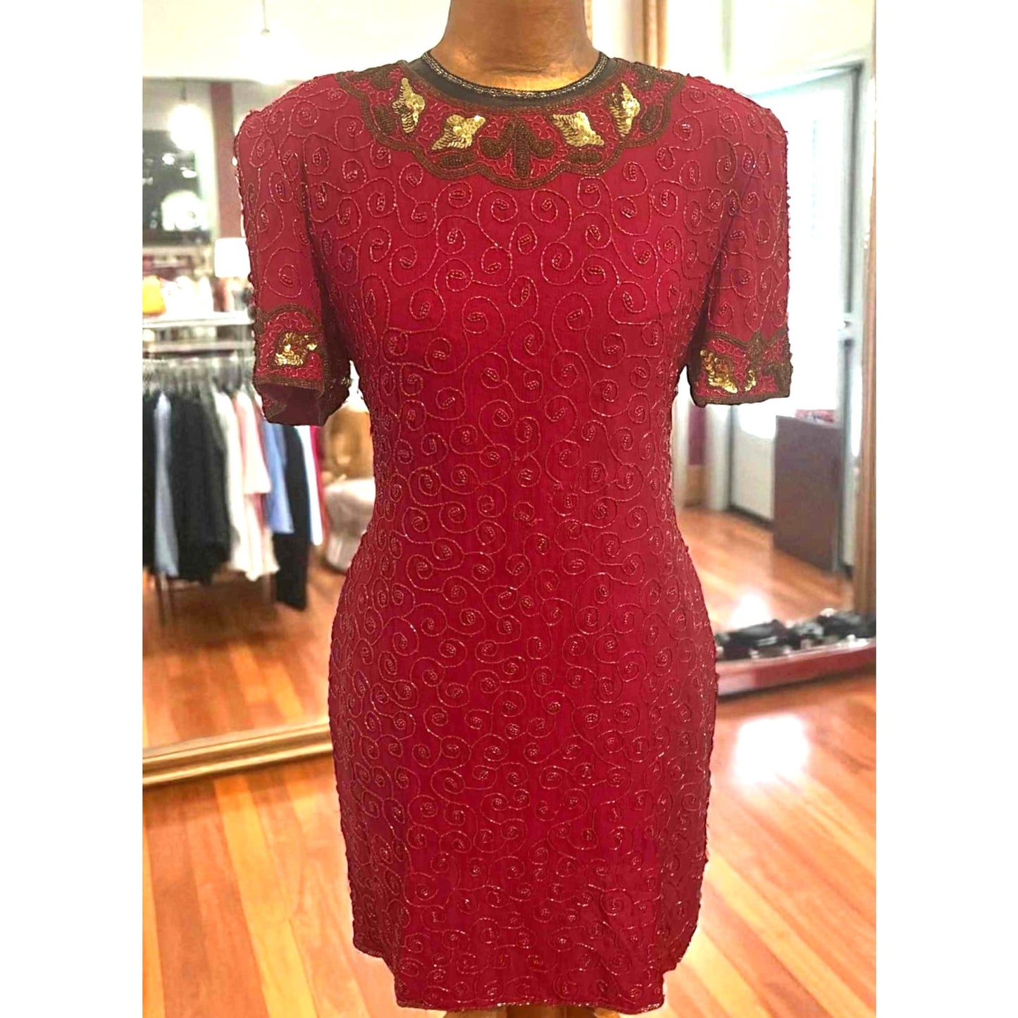 ONLY ONE!!! Vintage Night Vogue Red Silk Beaded Sequin Dress L