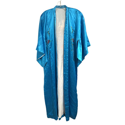 Vintage Blue Satin Embroidered  Kimono Robe