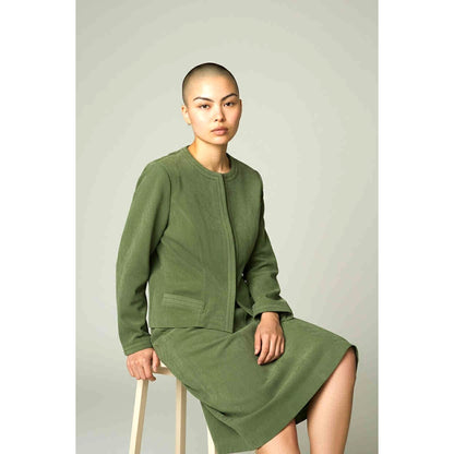 ONLY ONE!!! Vintage 1970s Moss Green Brushed Suede James Chen Skirt Suit Set ~ Size Small