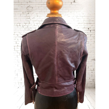 ONLY ONE!!! Amaryllis Distressed 100% Leather Moto Deep Jacket Purple Asymmetric Zip ~ Size S