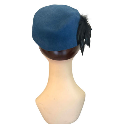 Vintage 80s Liz Claiborne Blue Wool Felt Pillbox Hat