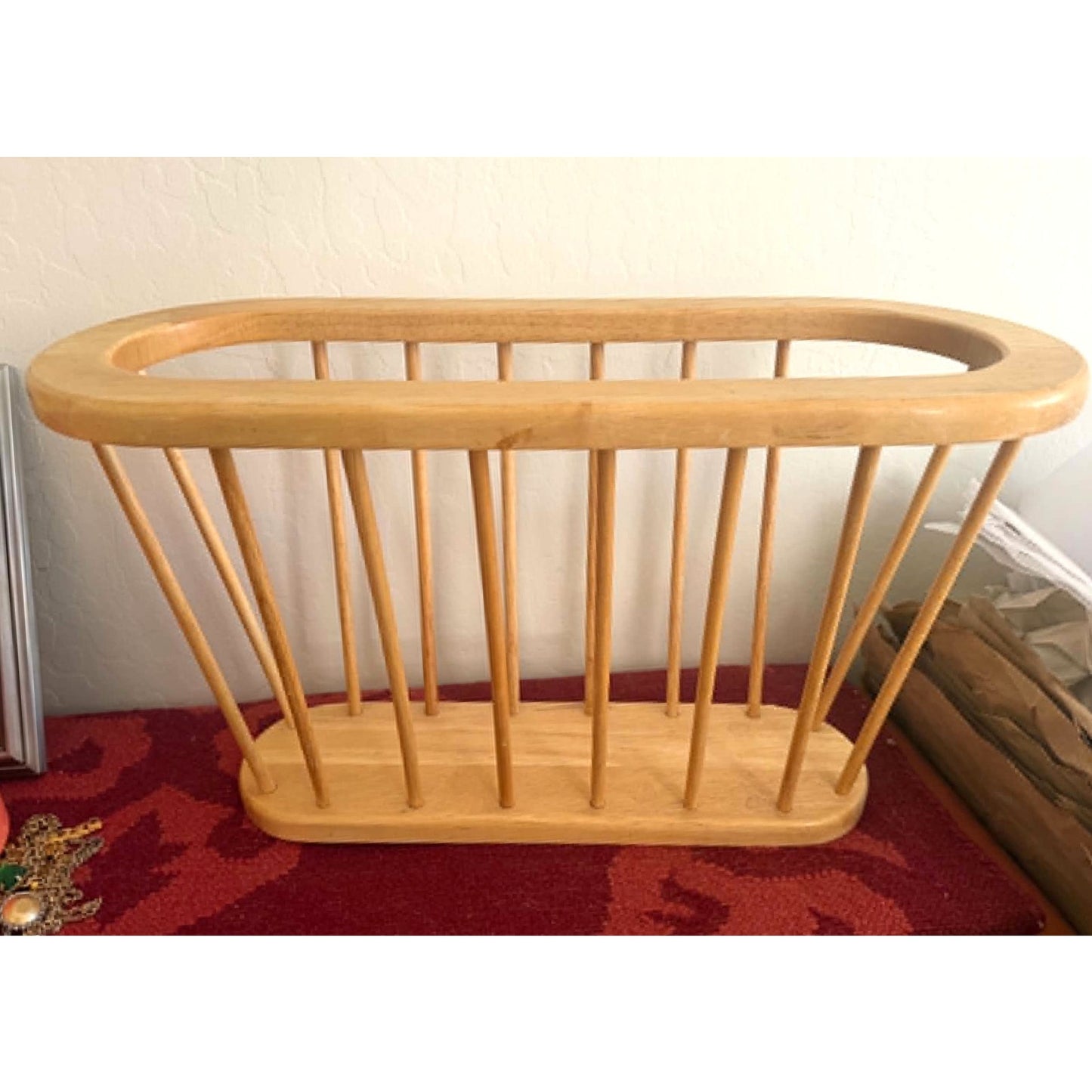 Vintage Windsor Style Wood Magazine Rack – Mid Century Modern Spindle Holder