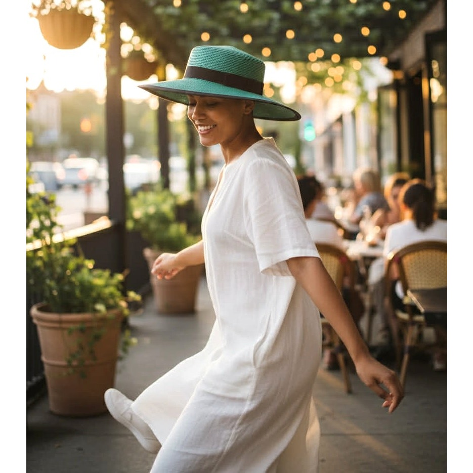 Vintage Green Boater Hat with Black Ribbon | M/L