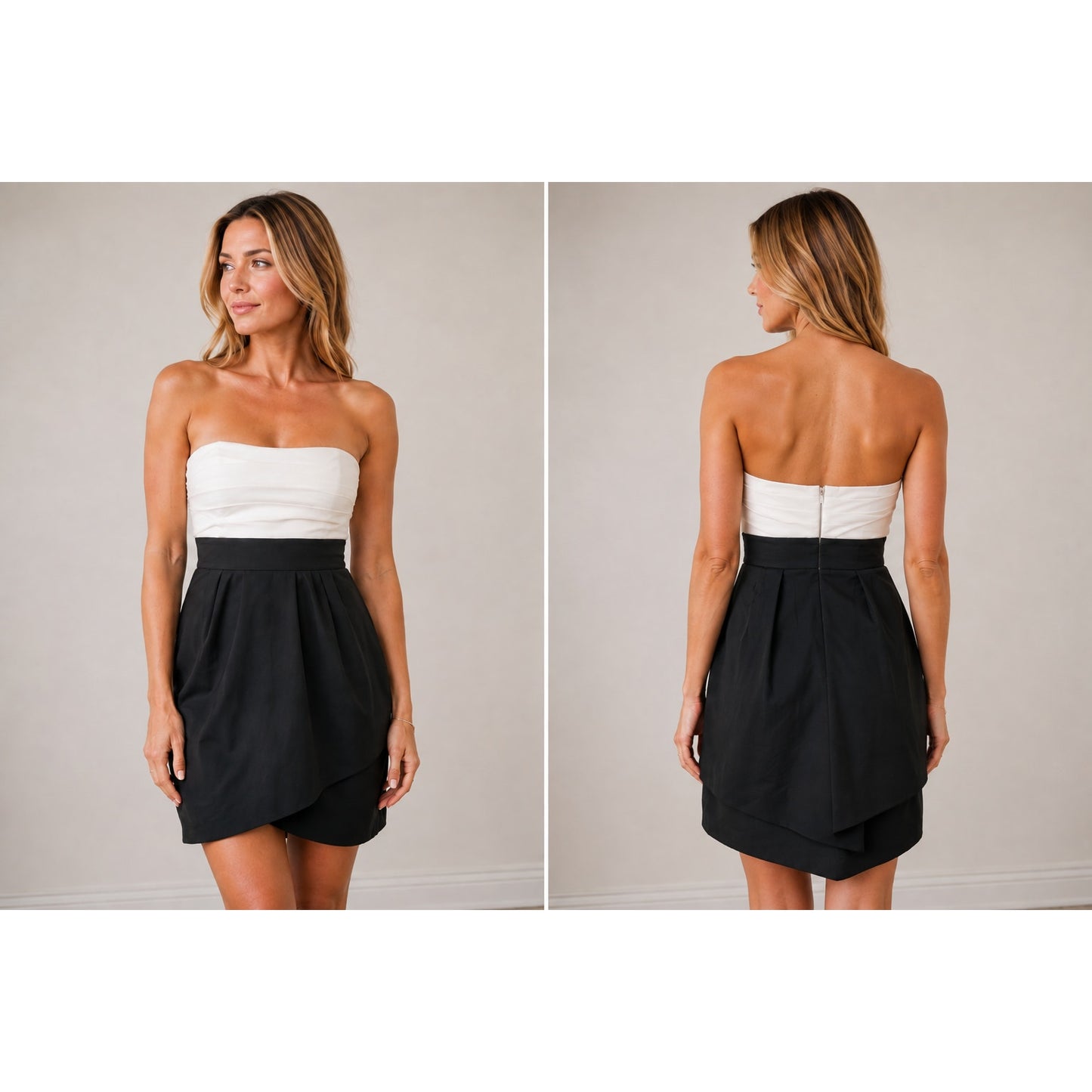 Elegant Silk Strapless Cocktail Dress in Black & Ivory